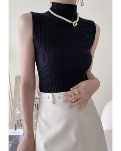 Mock Neck Sleeveless Textured Knit Top in Black