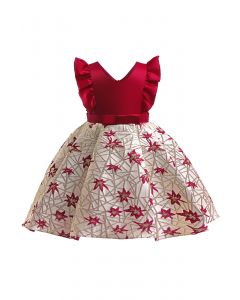 Girls' Jacquard Leaf Ruffle Bowknot Pleated Dress in Red
