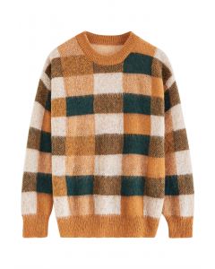 Colorful Check Pattern Fuzzy Knit Sweater