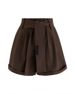 Buttoned Belt Slouchy Cuffed Hem Shorts in Brown