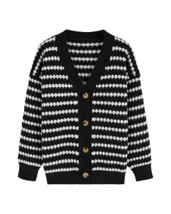 Button Down Striped Embossed Knit Cardigan in Black