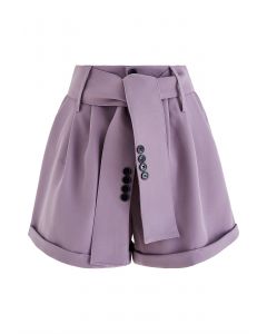 Buttoned Belt Slouchy Cuffed Hem Shorts in Purple