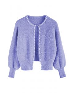 Open Front Pearly Fuzzy Knit Cardigan in Blue
