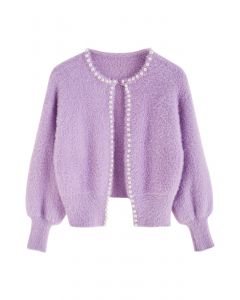 Open Front Pearly Fuzzy Knit Cardigan in Lilac
