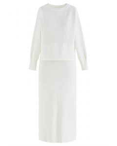 Comfy Ribbed Knit Top and Midi Skirt Set in White