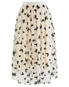 Velvet Butterfly Mesh Tulle Midi Skirt in Cream
