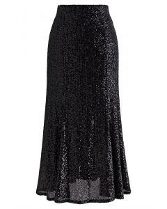 Glitter Sequins Trim Mermaid Midi Skirt in Black