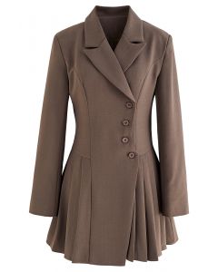 Buttoned Pleated Blazer Dress in Brown
