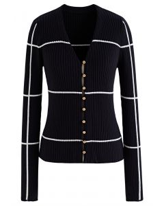 Grid V-Neck Buttoned Sweater in Black