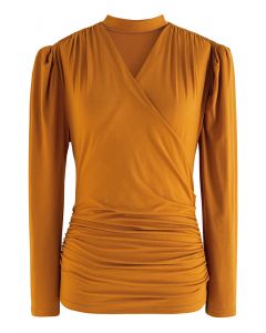 Choker Neck Ruched Front Long Sleeve Top in Pumpkin