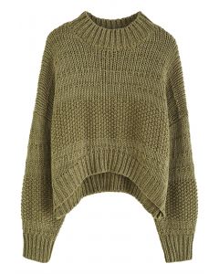 Mock Neck Hi-Lo Chunky Knit Sweater in Army Green