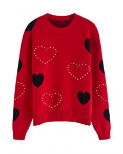 Passionate Heart Pearl Trim Knit Sweater in Red