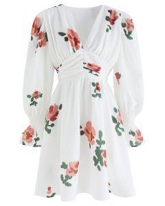 Cute Floral Print V-Neck Texture Dress