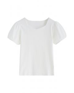Square Neck Mesh Bubble Sleeves Top in White