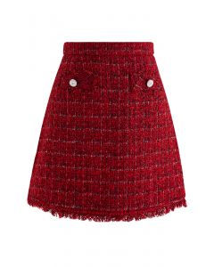 Grid Tweed Mini Bud Skirt in Red