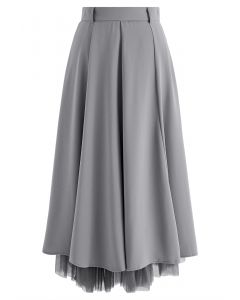 Mesh Spliced Hem Midi Skirt in Grey