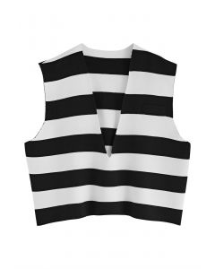 V-Neck Striped Knit Vest in Black