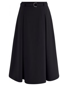Belted Pleated A-Line Midi Skirt in Black