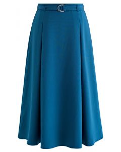 Belted Pleated A-Line Midi Skirt in Teal