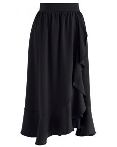 Ruffle Asymmetric Satin Midi Skirt in Black