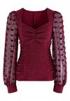 Sweetheart Neck Ruched Spliced Shimmer Top in Burgundy