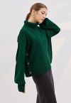 Turtleneck Side Buttons Slouchy Knit Top in Dark Green