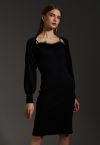 Feathered Ribbed Knit Twinset Dress in Black