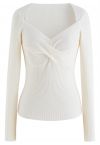 Sweetheart Twist Front Ribbed Knit Top in White