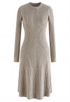 Ribbed Texture Frilling Midi Dress in Taupe