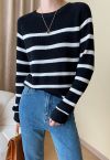 Versatile Round Neck Striped Knit Sweater in Black