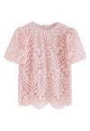 Scallop Edge Bubble Sleeve Crochet Top in Pink