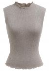Glittery Lettuce Edge Sleeveless Knit Top in Taupe