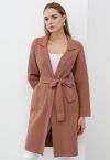 Notch Lapel Belted Longline Knit Cardigan in Rust