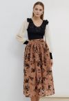 Velvet Flowers Rust Red Jacquard Midi Skirt