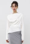 Asymmetric Ruched Satin Long Sleeve Top in White