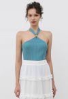Wooden Bead Decor Halter Knit Top in Blue