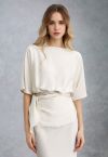 Boat Neck Tie-Waist Satin Top in Ivory