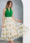 Watercolor Floral Mesh Tulle Midi Skirt in Light Yellow