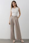 Belted Waist Pleated Palazzo Pants in Khaki