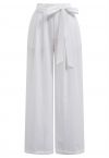 Bow Tie Sash Pleated Wide-Leg Pants in White