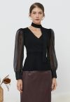 Sheer Sleeves Spliced Knit Top with Scarf in Black