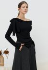 Side Bowknot Decor Drawstring Waist Knit Top in Black