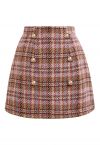 Golden Buttons Pink Plaid Wool-Blend Mini Skirt