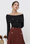 3D Sequin Flower Foldover Off-Shoulder Knit Top in Black