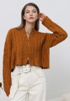 Raw Edge Cable Knit Zipper Crop Cardigan in Pumpkin