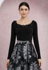 3D Flowers Neckline Long Sleeve Fitted Top in Black