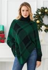 Festive Plaid Turtleneck Knit Poncho in Green