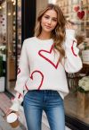 Heart Doodles Crew Neck Knit Sweater in White