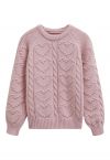 Embossed Heart Cable Knit Sweater in Light Pink