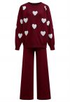 Heart Patch Knit Sweater and Pants Set in Burgundy